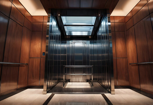 Modern elevator interior with open doors, luxury architecture and corporate building design, empty office space