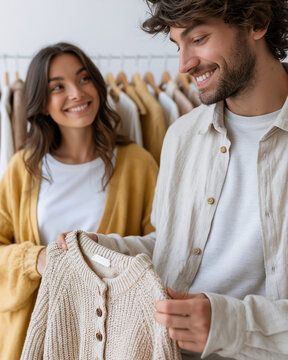 Young couple smiles while browsing clothing together. Man holds sweater, looking pleased and attentive. Woman beams, enjoying shopping with her partner. Soft lighting highlights warm, cozy fabrics