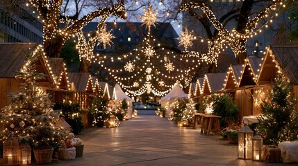 Fototapeta premium Christmas market stalls illuminated with festive fairy lights and stars during evening twilight creating a magical atmosphere for holiday shopping