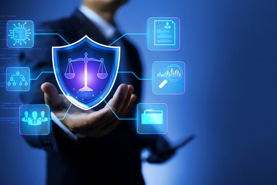 AI laws and regulations, along with business leaders holding scales of justice, represents manage artificial intelligence within legal requirements