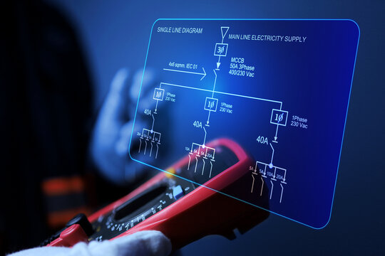 building electric circuit diagram concept with electrical engineer using multi meter to check on single line diagram circuit while maintenance or repair system to avoid user dangerous
