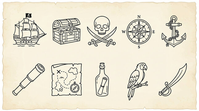 Collection of hand drawn pirate themed icons on a vintage paper background.