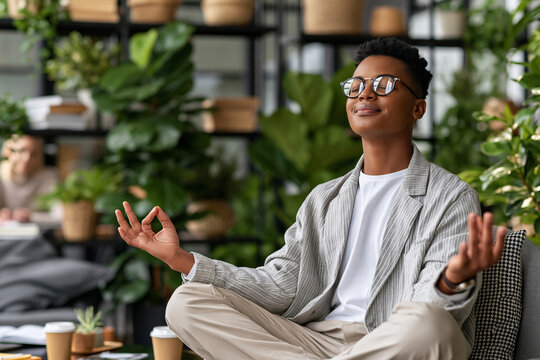 Young man meditates calmly in cozy, green office space. He wears glasses, relaxed expression, hands in gentle prayer pose. Potted plants surround him, soft light enhances tranquil atmosphere