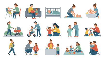 Fototapeta premium Parents and Kids Flat Vector Illustration: Daily Childcare, Family, and Parenting Activities