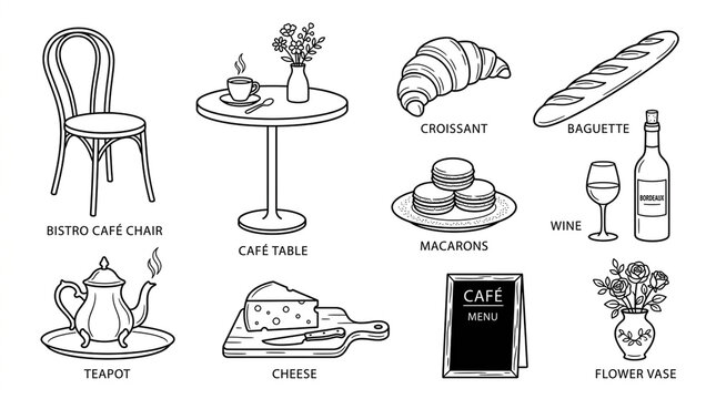 Set of hand drawn cafe and bistro elements with food and drink icons.