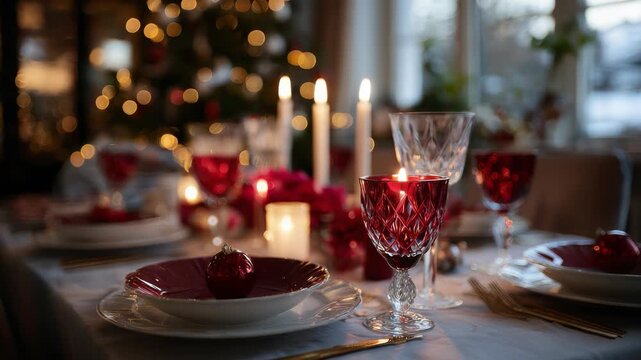 Festive Christmas Dinner Table Setting with Candles and Red Accents