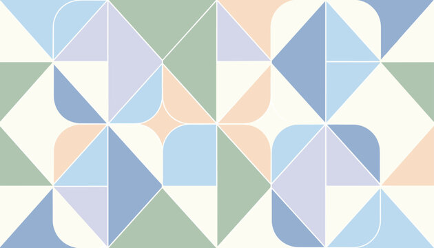 Modern geometric pattern with mosaic shapes, triangles, and rounded corners in soft pastel hues of blue, lavender, and green.