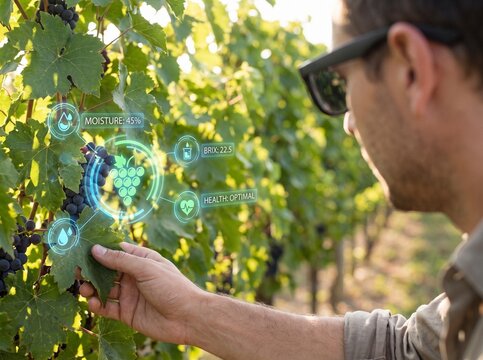 Winemaker wearing smart AR glasses inspecting grapes in a sunlit vineyard with digital metric overlay
