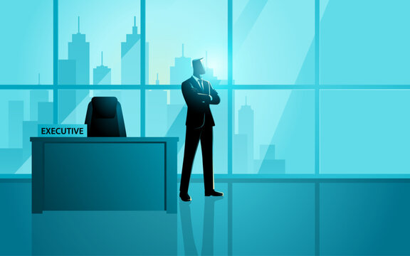 Executive businessman standing in modern office with executive desk and city skyline