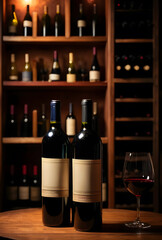 Naklejka premium Wine tasting and luxury cellar experience, two red wine bottles with blank labels and a glass of wine on a wooden table