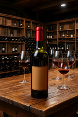 Naklejka premium Wine tasting experience, red wine bottle and glasses on a rustic wooden table in a dark cellar with shelves