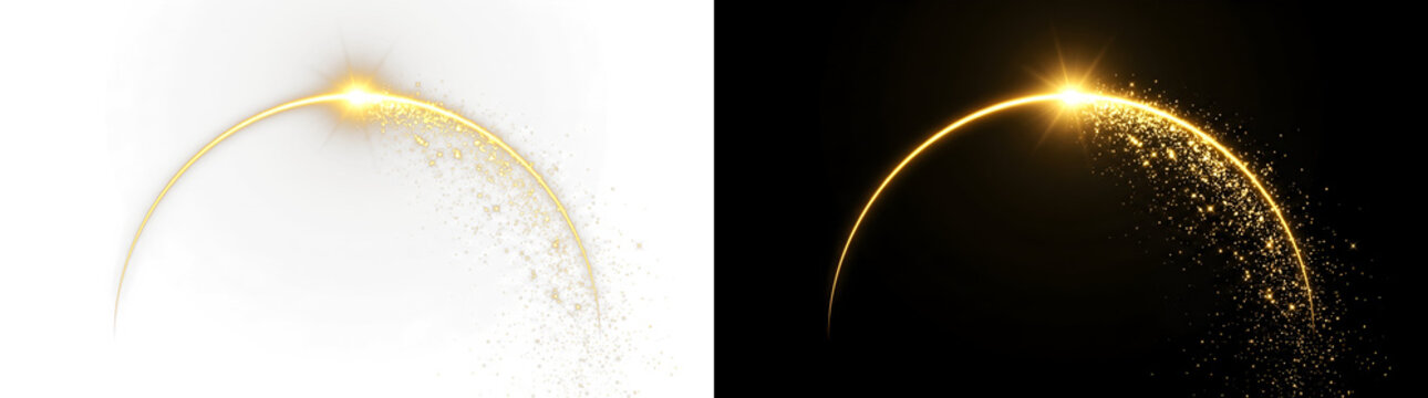 Glowing golden light arc features brilliant shimmering dust particles and cinematic streaks of magical energy radiant rays on transparent background