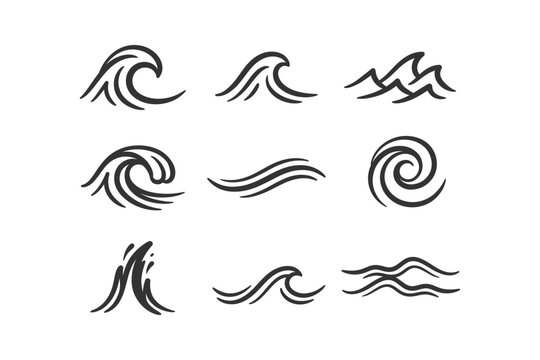 Collection of various stylized black wave icons and symbols on a clean white background