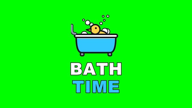 4K green screen BATH TIME animated text - a rubber duck riding the water as bubbles climb, kinetic typography kids and family overlay for parenting vlogs and social media, chroma key
