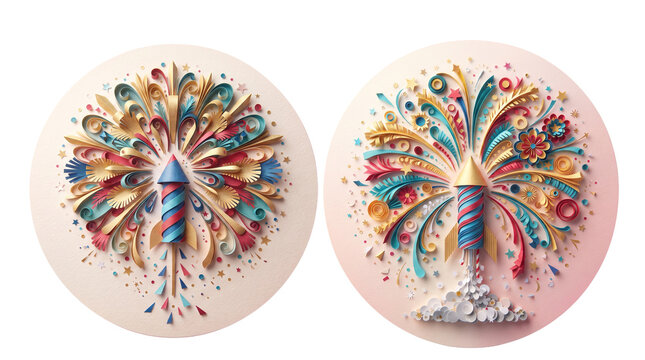 Paper cut art firework rockets with colorful exploding bursts in circular frame design