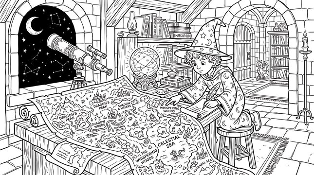 Detailed coloring page of a young wizard in a stone tower room studying a large fantasy map with a telescope and globe on a wooden table