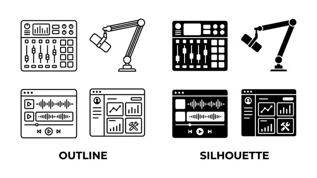 Audio Production Icons: A set of icons representing audio production equipment and software, including a mixer, microphone arm, and digital audio workstation interface.