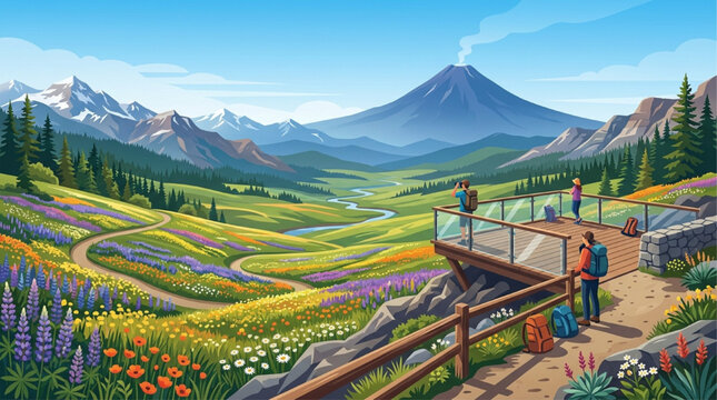 Hikers on scenic observation deck overlooking wildflower valley and smoking volcano under blue sky, digital illustration, AI generated