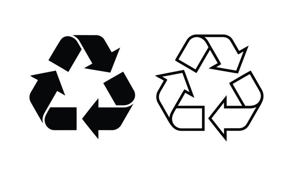 A pair of universal recycling symbols featuring one solid black icon and one outlined icon isolated on a clean white background for