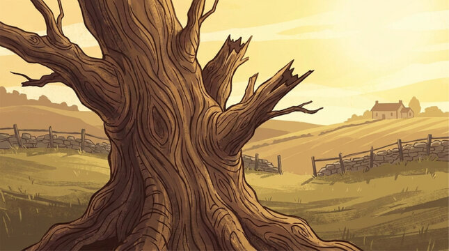 Gnarled old tree trunk in rural countryside landscape at sunset, digital illustration with warm golden hour lighting, rustic farm cottage background, AI generated.