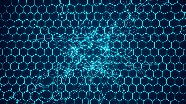 Dark Blue Hexagonal Grid with Glowing Light Radiating from Center through Interconnected Lines and Dots