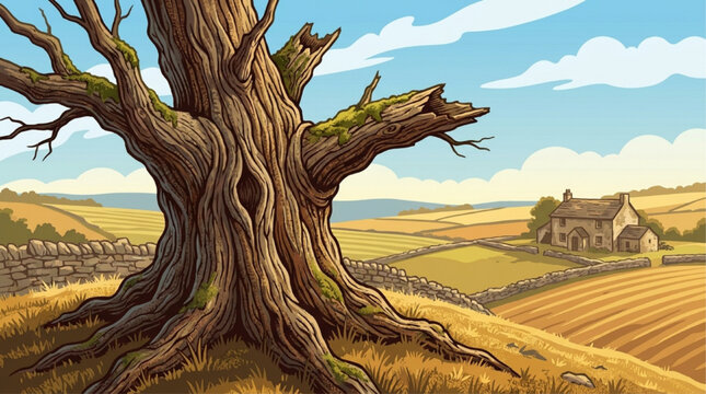 Ancient gnarled tree illustration in rural countryside landscape with farmhouse, stone walls, and rolling hills under sunny blue sky, AI generated.