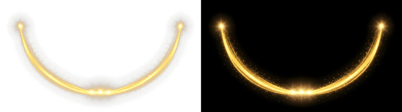 Glowing golden stardust wave arc with radiant lens flares featuring cinematic light streaks and brilliant particles on transparent background