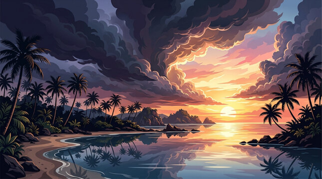 AI generated tropical beach sunset illustration with dramatic storm clouds, palm tree silhouettes, and calm ocean reflections in a cinematic landscape.