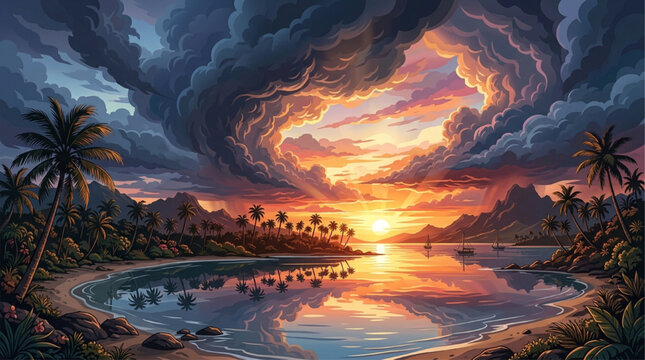 Dramatic tropical sunset over calm bay with palm trees, epic swirling storm clouds, and golden hour reflections on water, AI generated digital art.