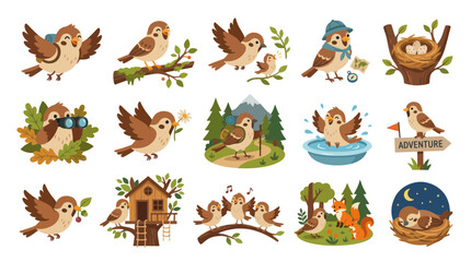 Obraz premium Cute cartoon birds in various activities, vector illustration, flat design