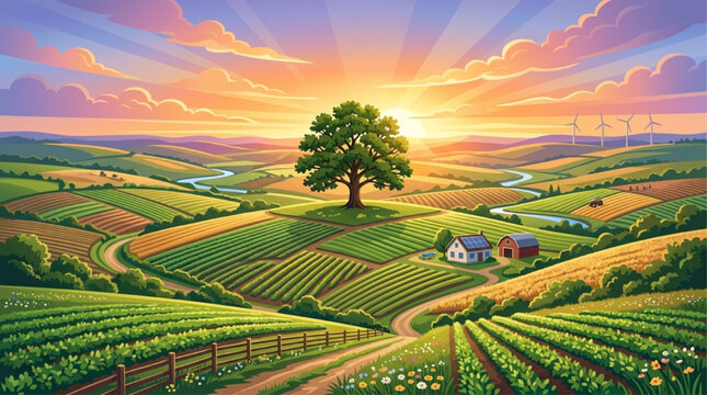 AI generated landscape of a lone tree on a hill over rolling farm fields, farmhouse, and wind turbines during a vibrant sunrise with dramatic sunbeams.