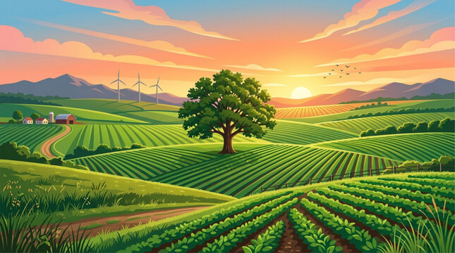 Idyllic farmland landscape at sunset with central oak tree, rolling green hills, wind turbines, and distant mountains. Vibrant digital illustration, AI Generated.