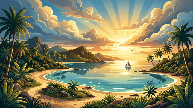 Tropical beach landscape at sunset with palm trees, calm turquoise ocean, mountains, and small boat. AI generated digital art illustration with golden sun rays and vibrant clouds.