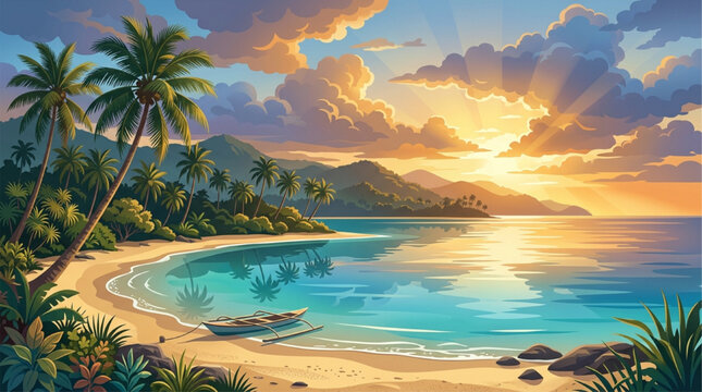 Tropical beach sunset with palm trees, calm turquoise ocean, mountains, and small boat. Golden hour lighting, serene atmosphere, AI generated digital illustration.