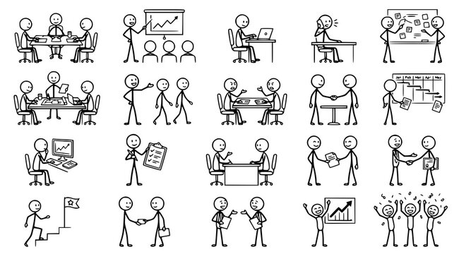 Business stick people collection with office teamwork meeting leadership career and professional poses