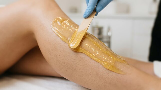 Professional beautician applying warm sugar paste for hair removal on a female leg in a beauty salon