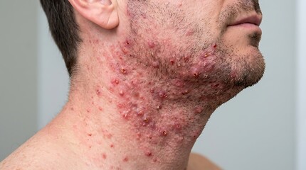 Naklejka premium Close up view of a man with severe facial acne and skin inflammation on his neck and jawline