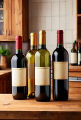 Naklejka premium Wine tasting and selection, red and white wine bottles with blank labels on a rustic wooden table in a kitchen setting