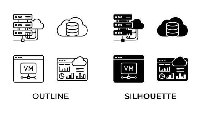 Cloud Computing and Virtualization Icons: A set of graphic icons illustrating cloud computing and virtualization concepts, including servers, databases, and virtual machines.
