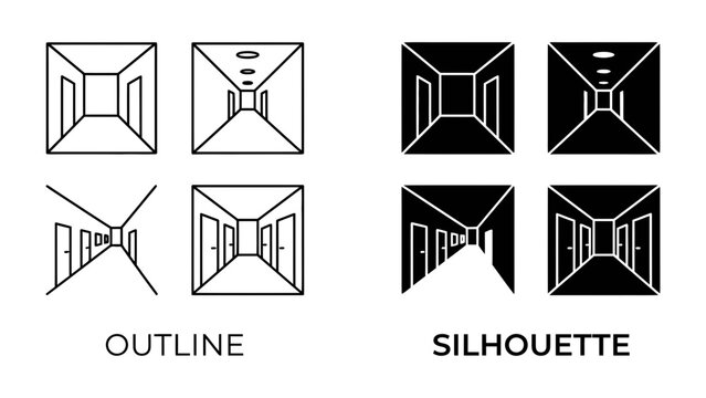 Perspective Hallway Concepts: A collection of stylized hallway illustrations in both outline and silhouette form, showcasing different perspectives and vanishing points.