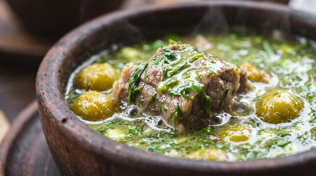 Simmering Georgian Chakapuli Lamb Stew with Sour Green Plums and Fresh Tarragon in Clay Pot Close-Up