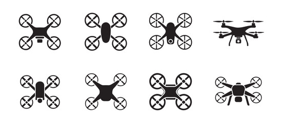 Naklejka premium Collection of solid black drone graphics, showcasing different quadcopter designs used for modern aerial surveillance and filming purposes.
