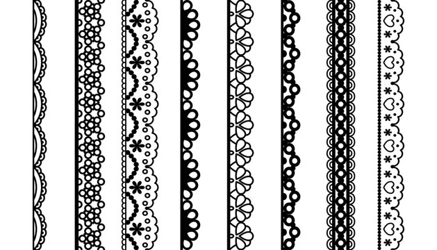 Vector seamless lace border set. Simple ornate pattern, elegant decorative ornament collection. Scallop vintage design elements