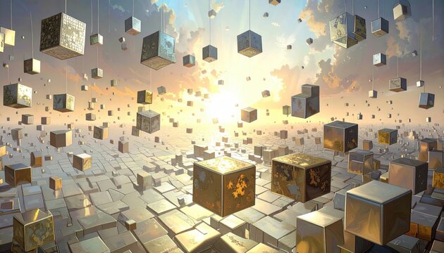 Digital cubes floating in abstract space with bright light.