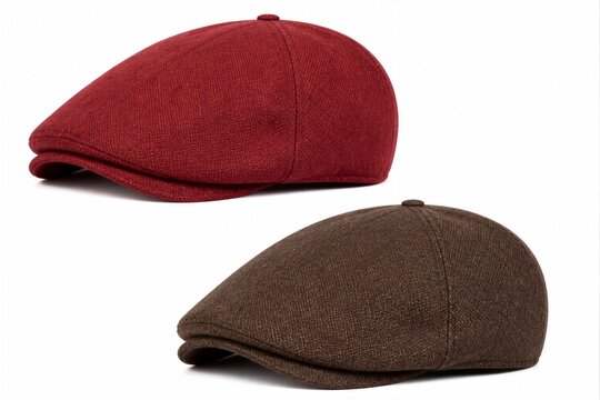 Two flat caps positioned on white studio background