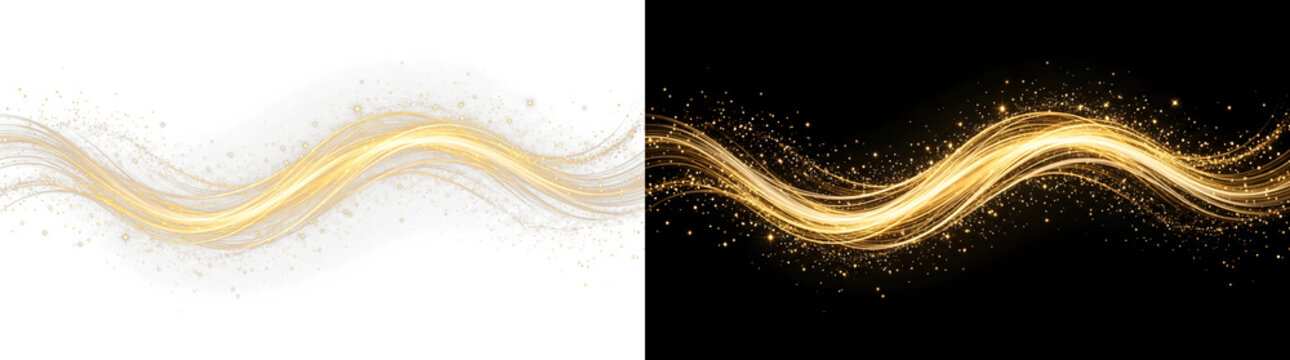 Glowing golden wave of light motion trails with shimmering particle sparkles and elegant curves isolated on transparent background