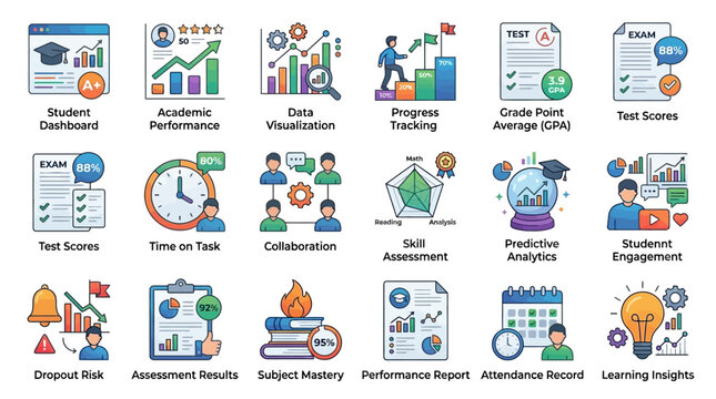 Learning Analytics Vector Icon Collection Featuring Educational Performance Tracking and Student Progress Data Visualization Symbols