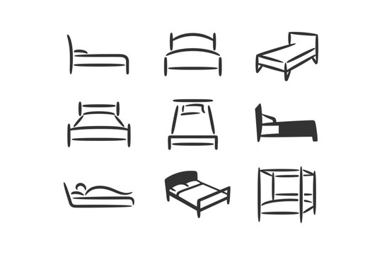 Diverse collection of minimalist bed icons featuring single, double, canopy, and bunk bed designs