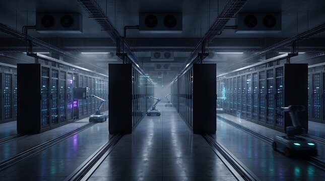 Futuristic server room interior with high tech computer racks and dark moody lighting computer datacenter technology hardware infrastructure