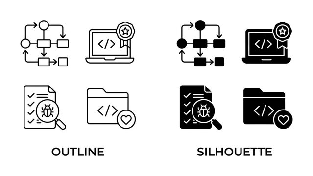 Programming Workflow and Tools: A set of icons illustrating software development processes, including a flowchart, a laptop with code and a badge, a document with a bug and magnifying glass.